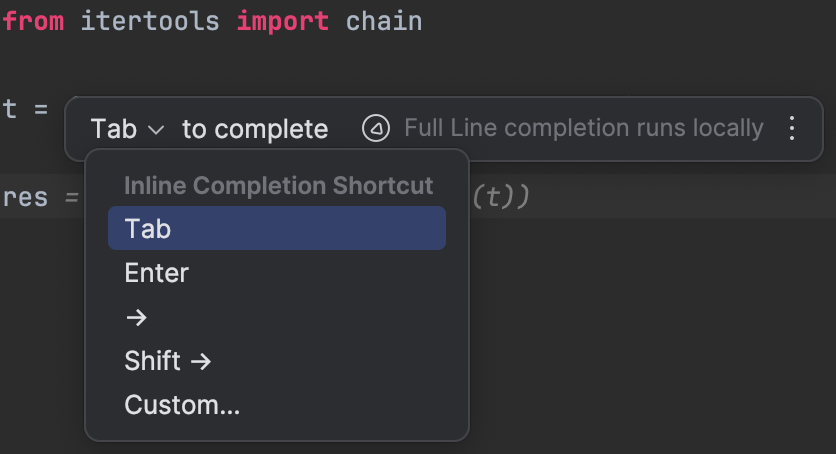 full line code completion shortcut options 